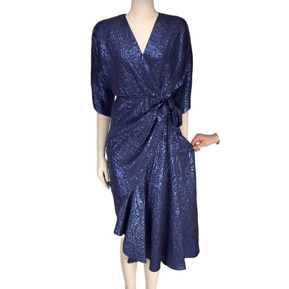 ETRO 2480$ NWT Wrap-effect Metallic Cloqué Floral Ruched Dress Royal blue IT 40 - Picture 4 of 16